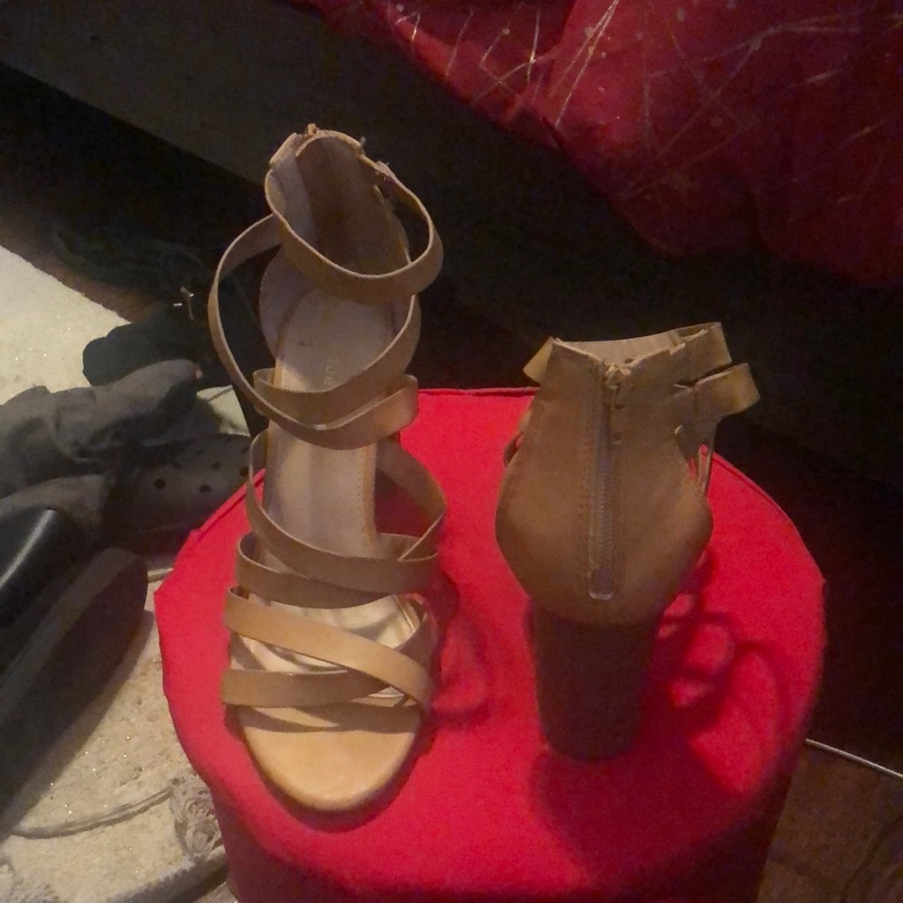 Tan high heels strapped sandals